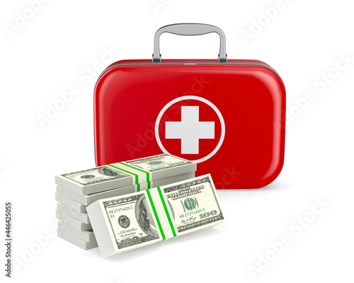 first aid kit and money on ...