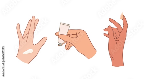 Women's hands with applied cream, a set of elegant vector illustrations of care cosmetics. A woman holding a hand cream. Realistic line art gestures on white background.
