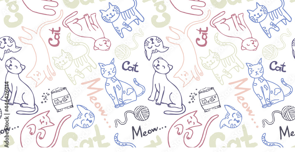 seamless pattern with the contour of domestic kittens and cat faces, cat food, tangles for games. For packaging paper, veterinary salons