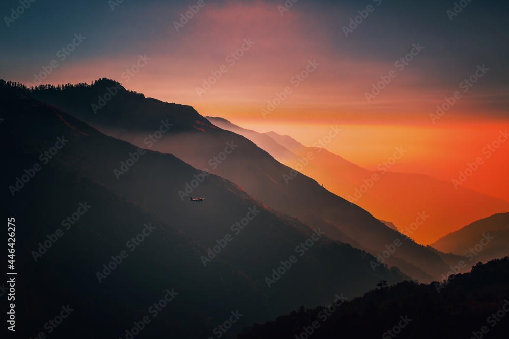 bright sunrise in the Himalayan mountains, Annapurna region