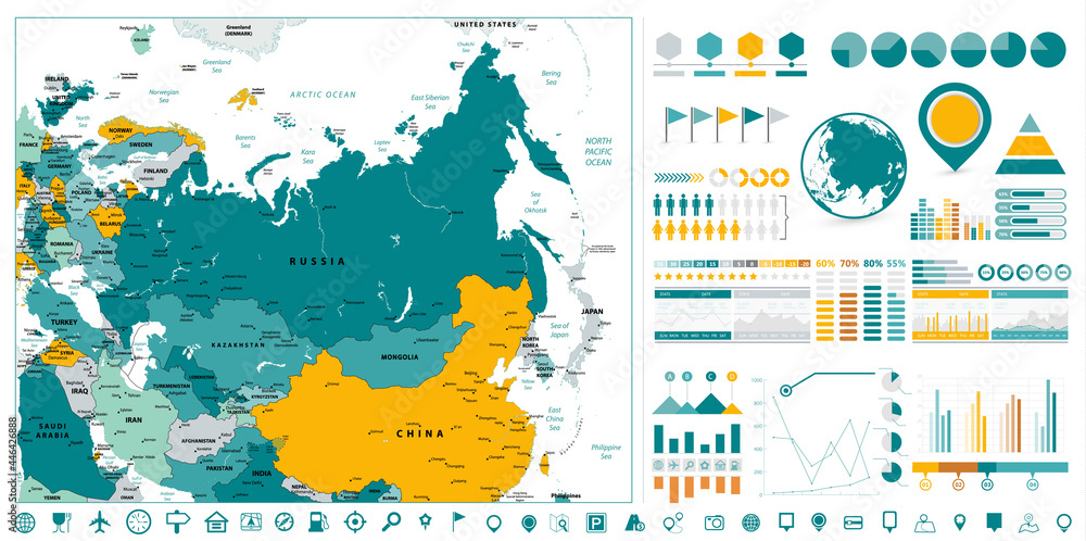 Obraz premium Eurasia Detailed Map and Infographics design elements. On white