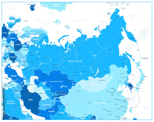 Eurasia political map in shades of blue