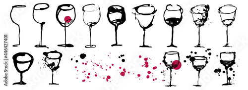 Artistic illustration of glasses of wine and spirits. Wine glass outline drawn with brush.