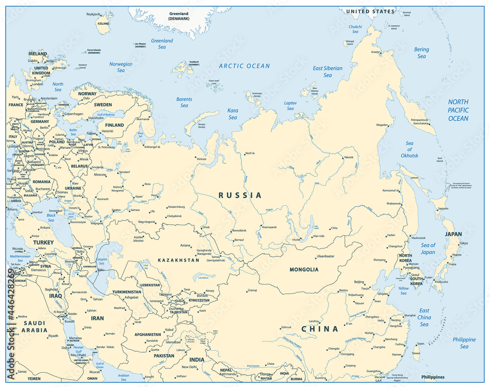 Eurasia detailed map sandy color