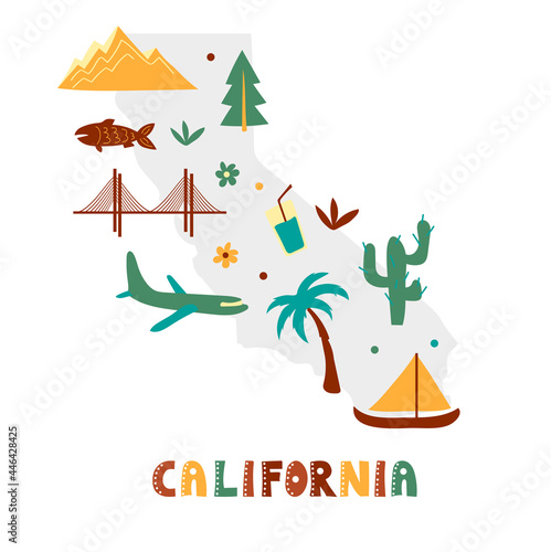 USA map collection. State symbols and nature on gray state silhouette - California. Cartoon simple style for print