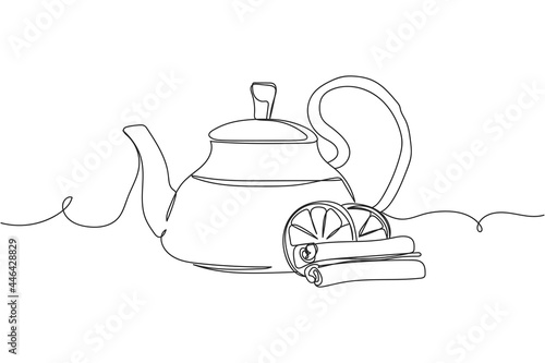 Continuous one line of teapot with tea in silhouette on a white background. Linear stylized.Minimalist.