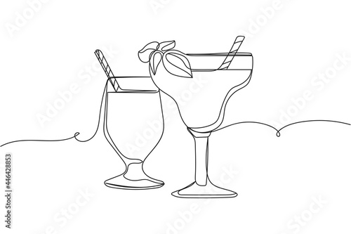 Continuous one line of detox juice or smoothie in silhouette on a white background. Linear stylized.Minimalist.
