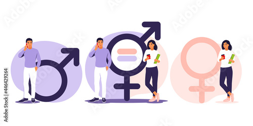 Gender equality concept. Men and women character on the scales for gender equality. Vector illustration. Flat.