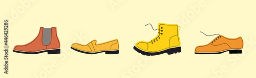 Shoe, boot, footwear image color set.Tailored handmade bespoke shoe, footwear.Shoe store. Bootmaker, shoemaker, cobbler. Сustom shoe atelier, workshop.DIY shoemaking. Isolated flat vector illustration