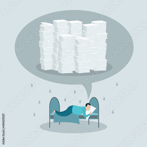 Procrastination concept. Man doesn't want to get out of bed presenting a lot of paperwork. Vector illustration.