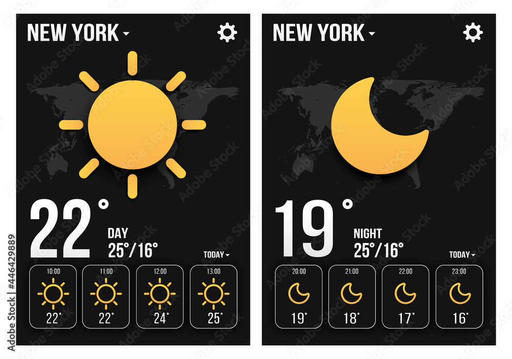 Weather forecast widget. Day and night weather app templates. With a map of  the earth. In paper style, on a dark background Stock Vector | Adobe Stock