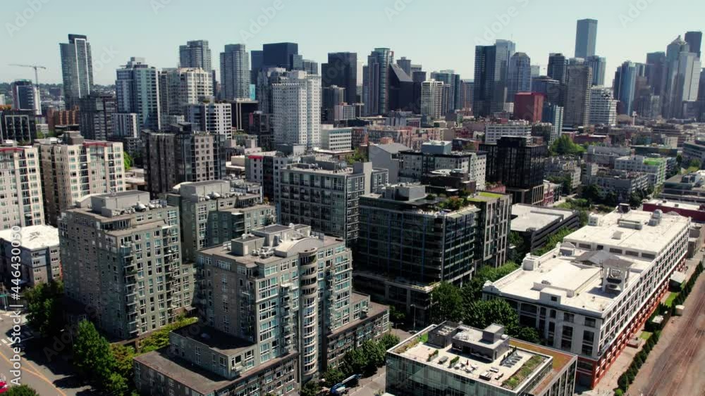Drone Dolly Zoom of Skyscraper Apartments and Office Buildings in Downtown Seattle City Skyline Drone Dolly Zoom of Skyscraper Apartments and Office Buildings in Downtown Seattle City Skyline