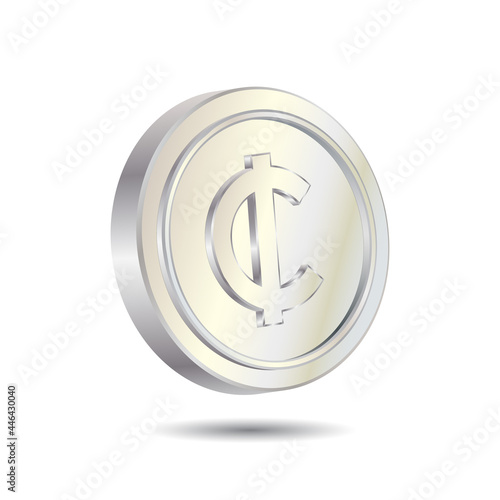 Silver Cent Coin isolated on white color background. Currency symbol of basic monetary unit. Simple and Minimal 3D Vector illustration.