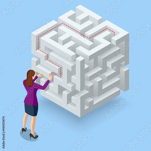 Isometric maze, labyrinth solution. Business team looking for solution in a maze. Challenge. Puzzle riddle logic game isometric concept. The path to the goal or success, teamwork and business strategy