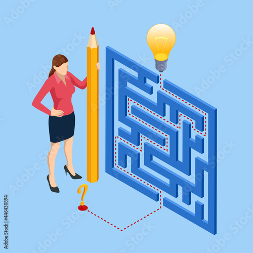 Isometric maze, labyrinth solution. Business team looking for solution in a maze. Challenge. Puzzle riddle logic game isometric concept. The path to the goal or success, teamwork and business strategy