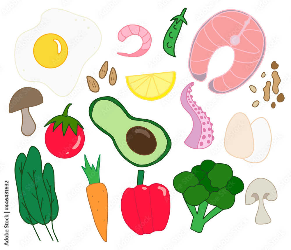Isolated colorful hand drawn Keto food background Isolated colorful hand drawn Keto food background