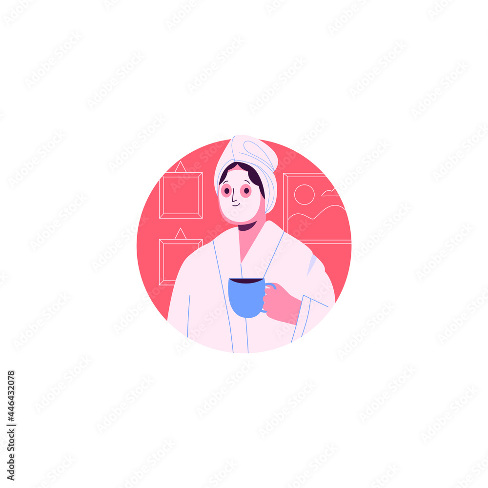 Obraz premium Woman Relax With Mask Face. Woman Drink A Coffee, Vector Illustration