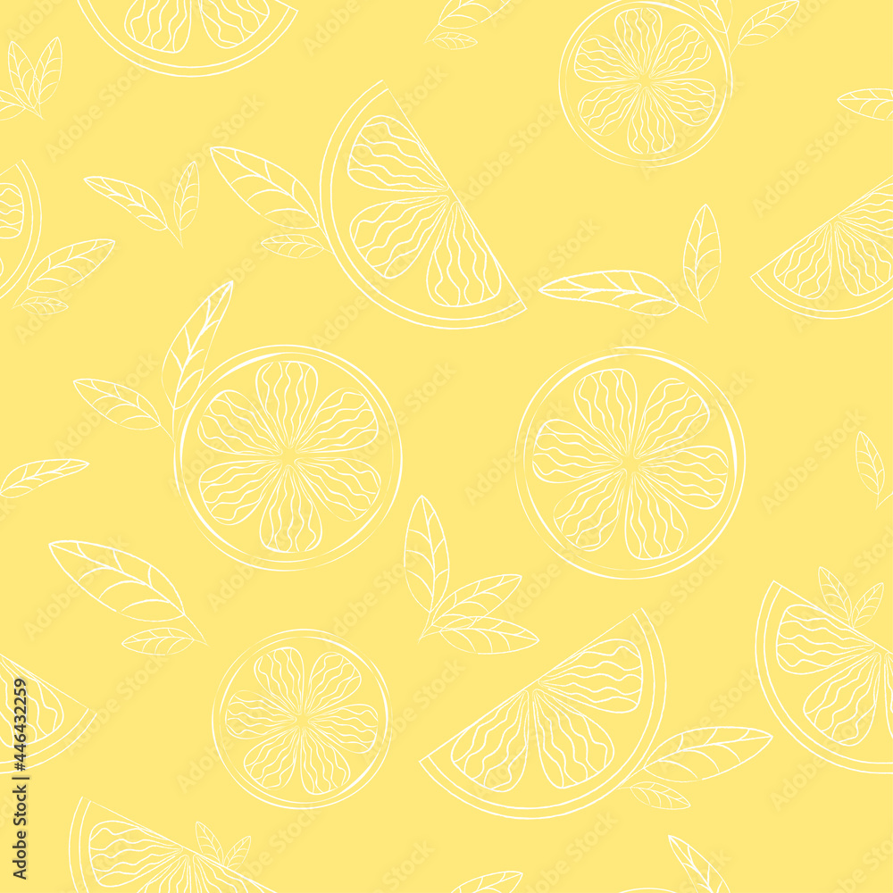 Seamless texture of yellow lemons. Citrus fruits lemons on a yellow background. White line. Minimalism style. Seamless texture of lemon for printing on textile, paper.