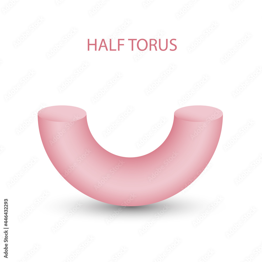Vector pink half torus with gradients and shadow for game, icon, package design, logo, mobile, ui, web, education. 3D torus on a white background. Geometric figures for your design. Bagel. Vector pink half torus with gradients and shadow for game, icon, package design, logo, mobile, ui, web, education. 3D torus on a white background. Geometric figures for your design. Bagel.
