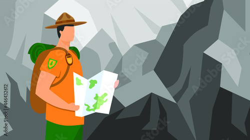 the guide travels up the mountain. vector illustration