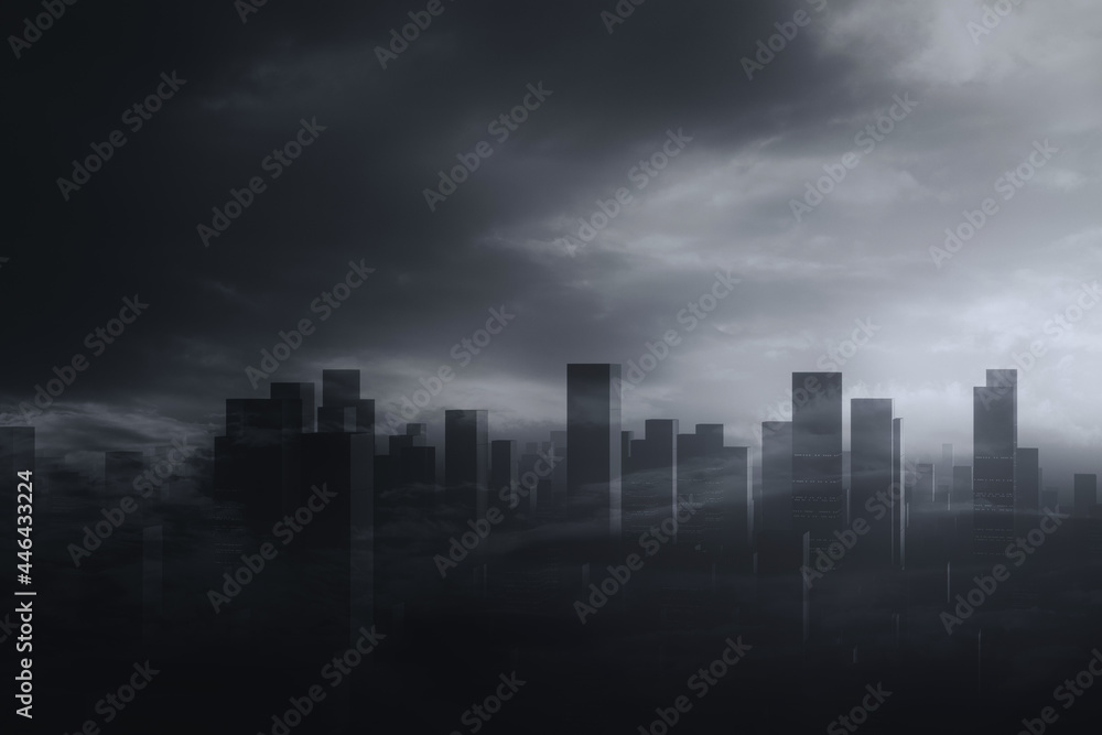 dark storm clouds above city