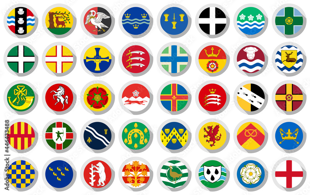 round icon set. england county flag set, isolated on white background. banner, sticker, print, decoration, logo. vector illustration round icon set. england county flag set, isolated on white background. banner, sticker, print, decoration, logo. vector illustration
