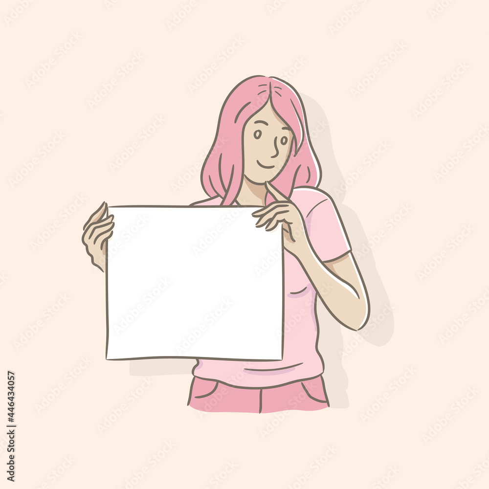 Beautiful young woman holding empty placard. Vector illustration Beautiful young woman holding empty placard. Vector illustration