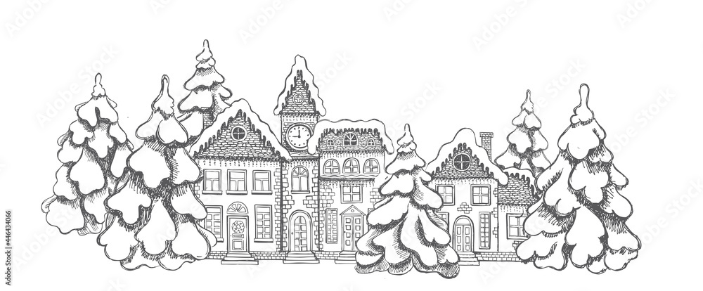 Illustration of houses. Christmas Greeting card. Set of hand drawn buildings.	
