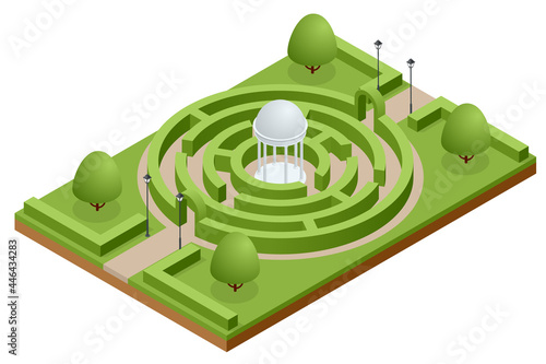Isometric Maze of bushes in botanical park. Green Hedge Maze or Labyrinth.