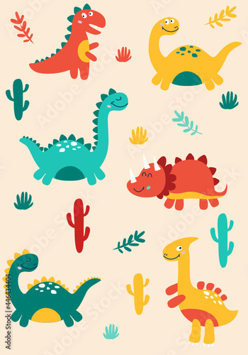 Cute dinosaurs set. Doodle cartoon dino characters for nursery posters  cards  kids t-shirts. Vector illustration. 