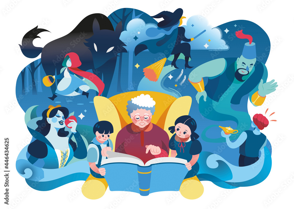 Φωτογραφία Grandmother reading fairy tales to her grandchildren, reading and telling book f