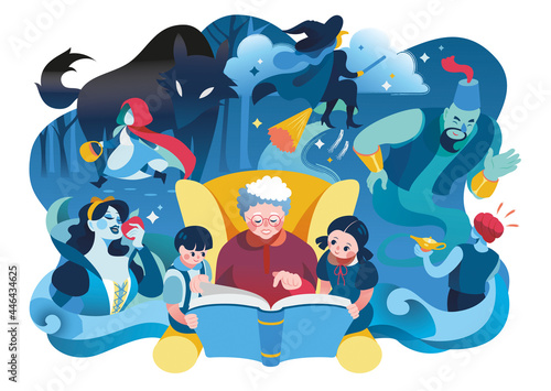 Grandmother reading fairy tales to her grandchildren, reading and telling book fairy tale story, Kids Listening to Their Grandmother Tell a Story, Vector Illustration