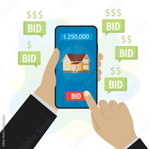 Cartoon hands holds smartphone. Online auction. House is being sold online. Speech bubbles with various bids. Internet auction and trade technologies.