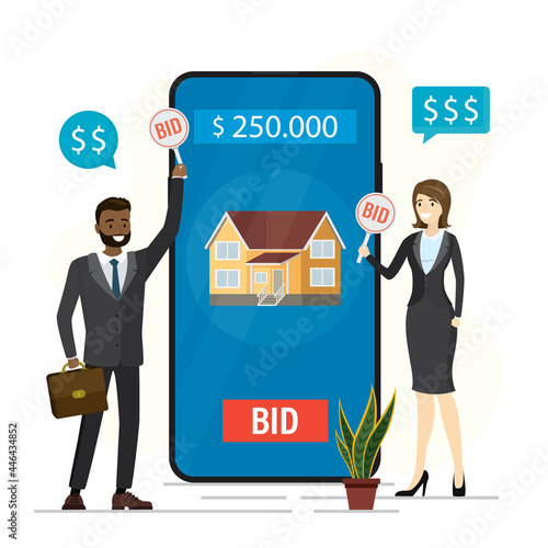 Online auction on smartphone screen. House is being sold online. Business people holds bid plates. Internet auction and mobile trade technologies.