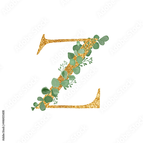 Gold Floral Alphabet letter Z with Eucalyptus leaves branch bouquet. A greeting card. Wedding elements. An illustration for printing. Print. Composition with Green Twigs and letter.