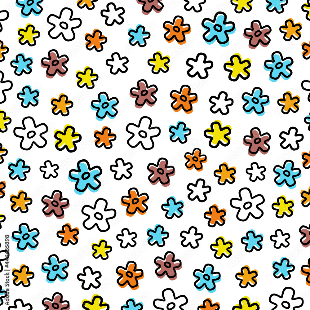 Multicolored floral pattern on a white background. Multicolored flowers with a black outline. Flat vector illustration.