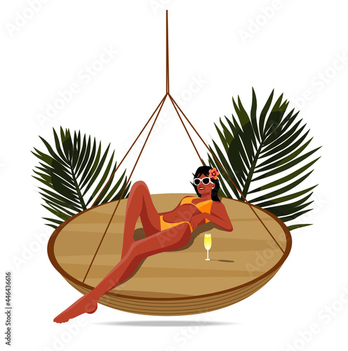 Digital illustration of a girl on vacation in the tropics resting in a bikini on a hanging lounger with champagne