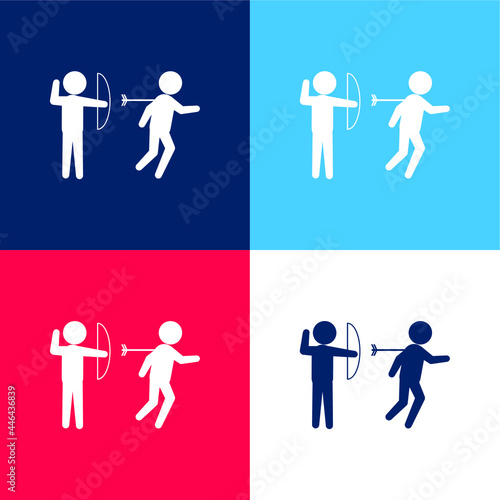 Archer Criminal Hurting A Person For His Back With An Arrow Of An Arch blue and red four color minimal icon set