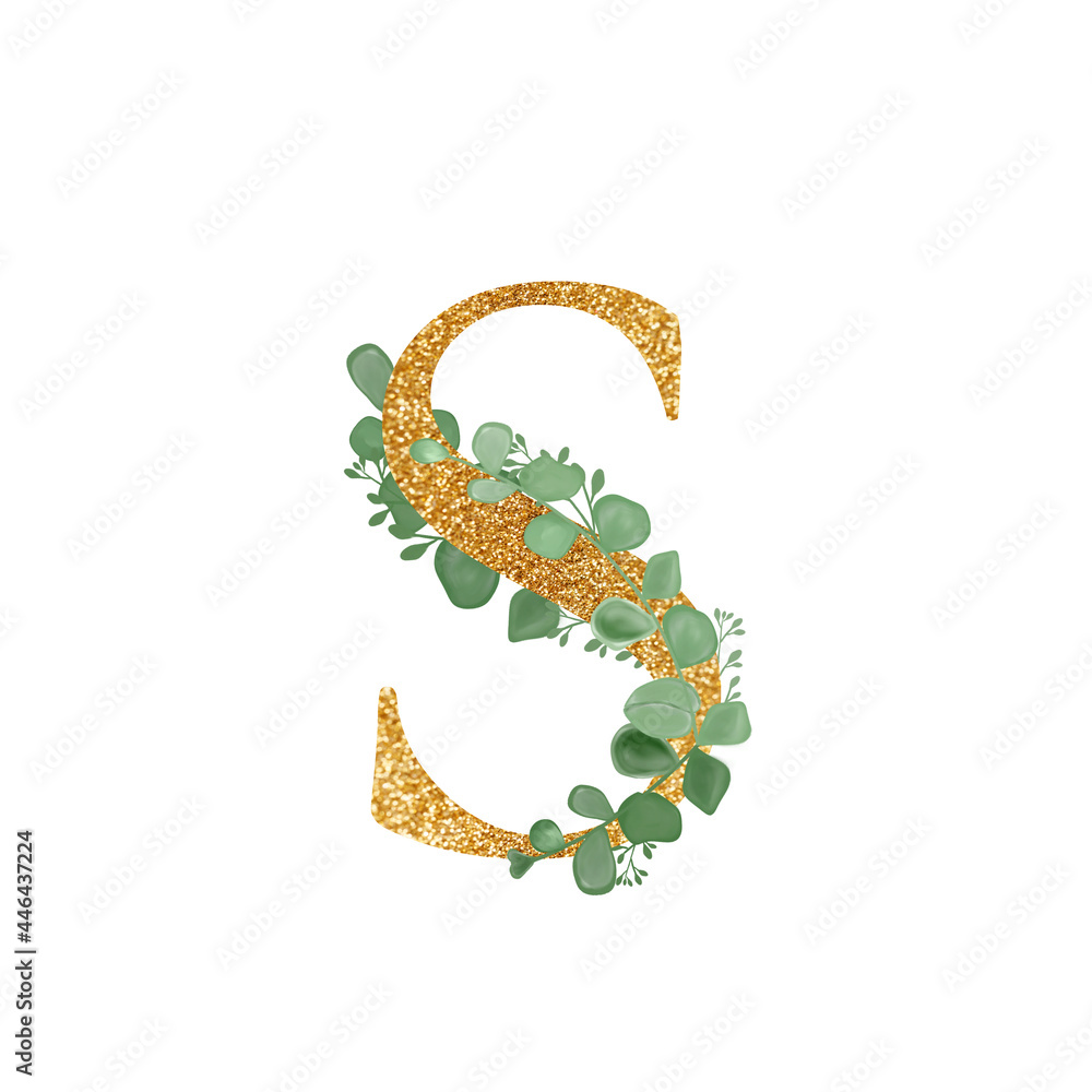 Gold Floral Alphabet letter S with Eucalyptus leaves branch bouquet. A greeting card. Wedding elements. An illustration for printing. Print. Composition with Green Twigs and letter.
