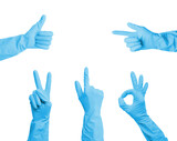 Hands in blue rubber gloves show different gestures isolated on a white background