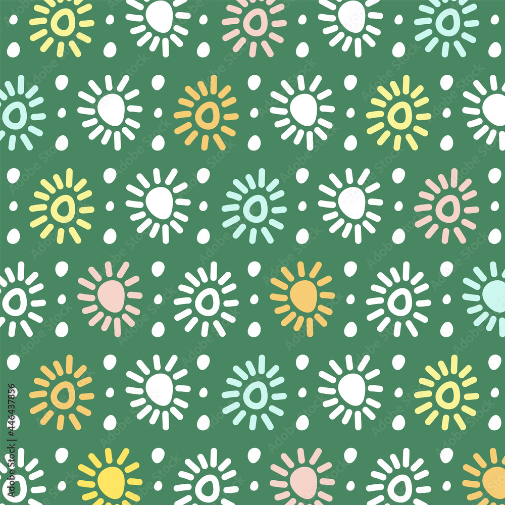 A cheerful pattern made up of drawn dots and sun-shaped lines. Flat illustration. A cheerful pattern made up of drawn dots and sun-shaped lines. Flat illustration.