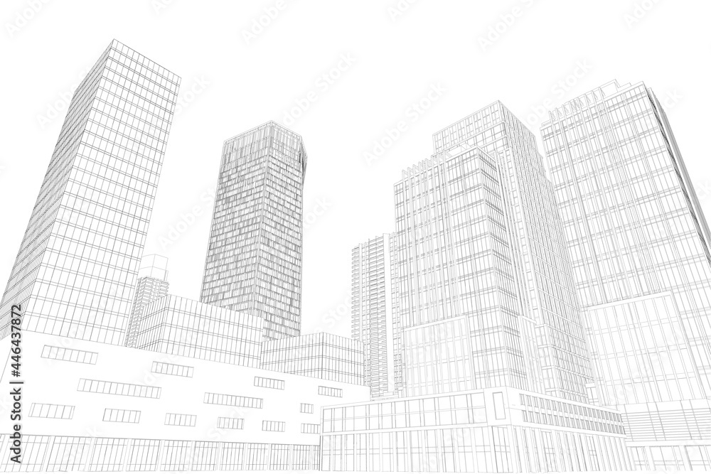 City outline with skyscrapers isolated on white background. 3D. Vector illustration