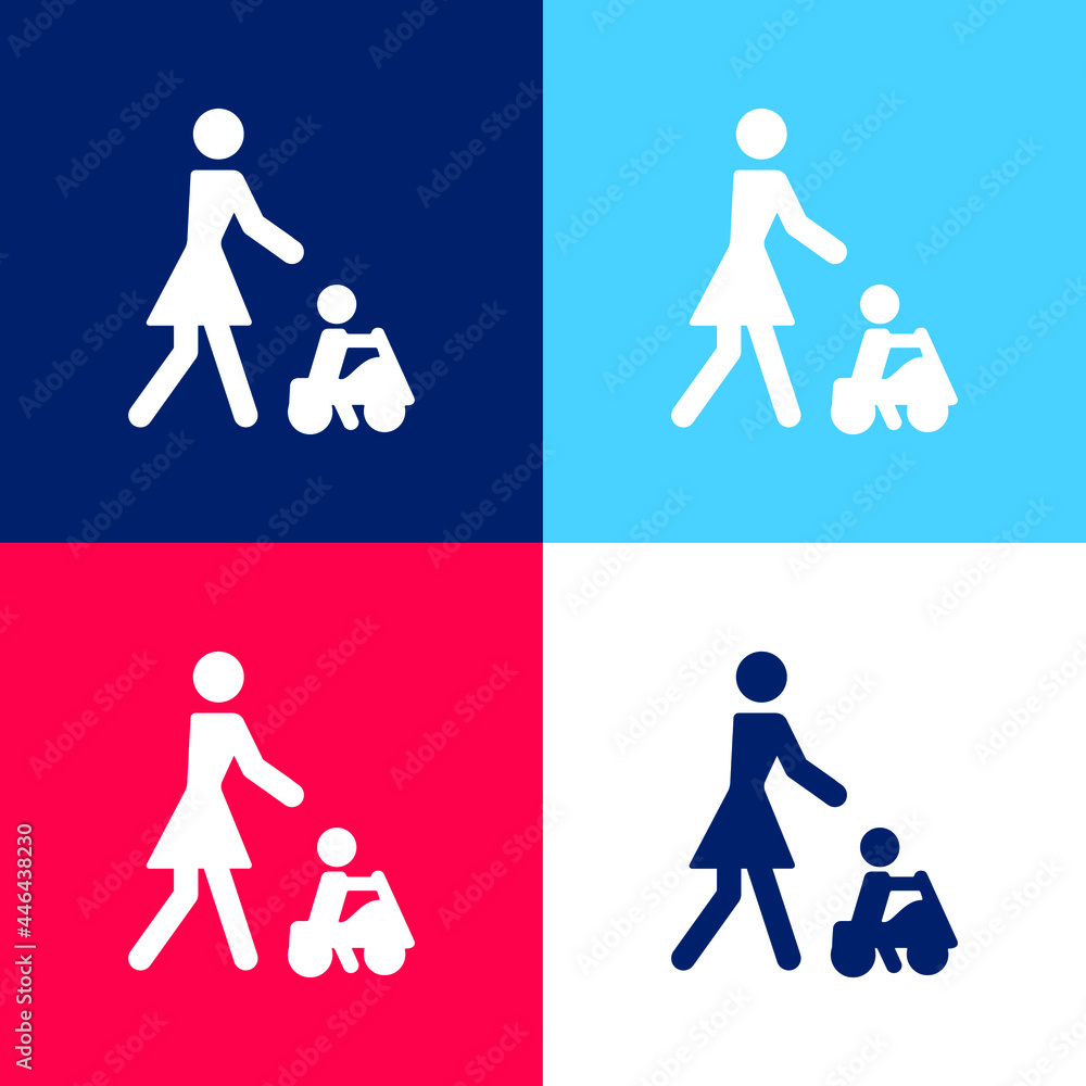 Baby Playing On A Toy Car With His Mother blue and red four color minimal icon set Baby Playing On A Toy Car With His Mother blue and red four color minimal icon set