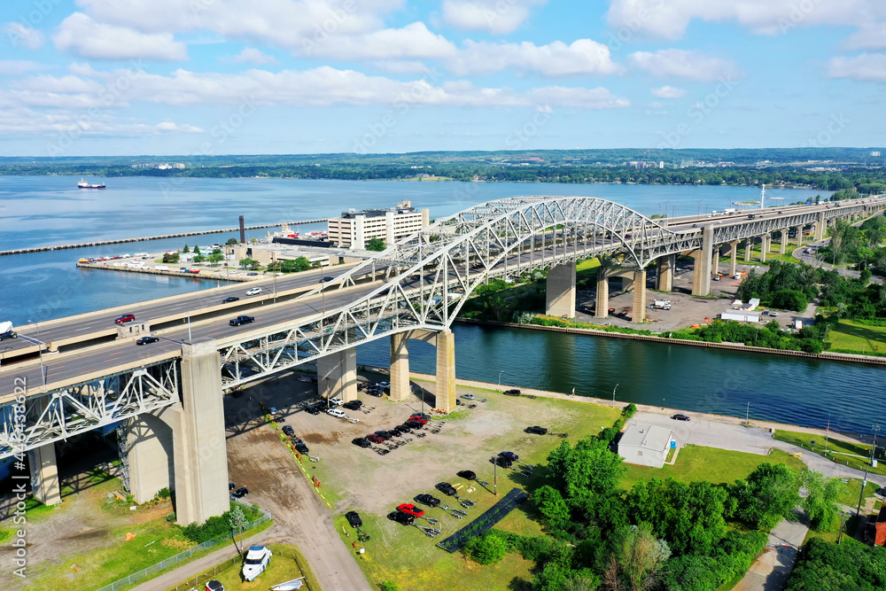 Aerial of the Burlington Skyway with traffic