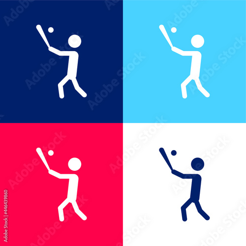 Baseball Player With Bat Hitting The Ball blue and red four color minimal icon set