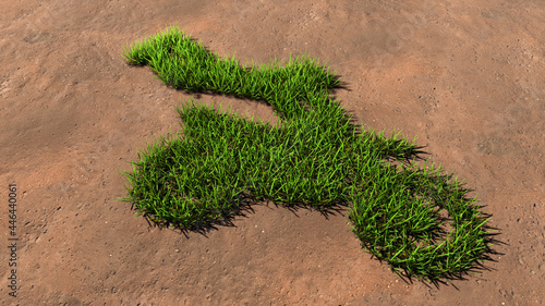 Concept or conceptual green summer lawn grass symbol shape on brown soil or earth background, sign of a stuntman on a motorcycle. 3d illustration metaphor for sport, adrenaline, extreme danger and fun