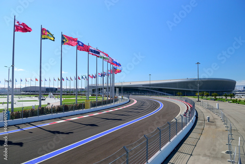Part of Sochi Autodrom with Flags different countries photo