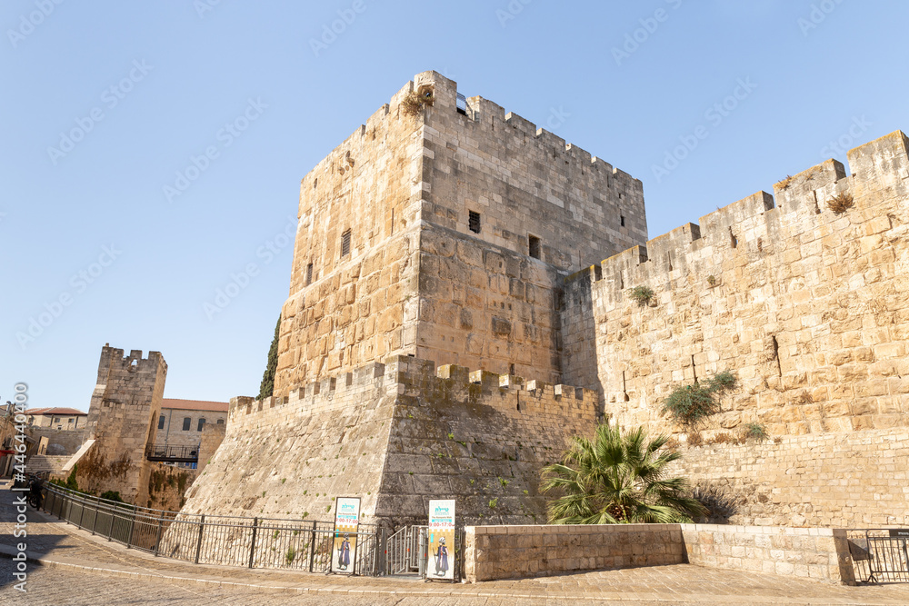 The outer wall of the Tower of David - ancient citadel and city history museum near the Jaffa Gate in the old city of Jerusalem, Israel