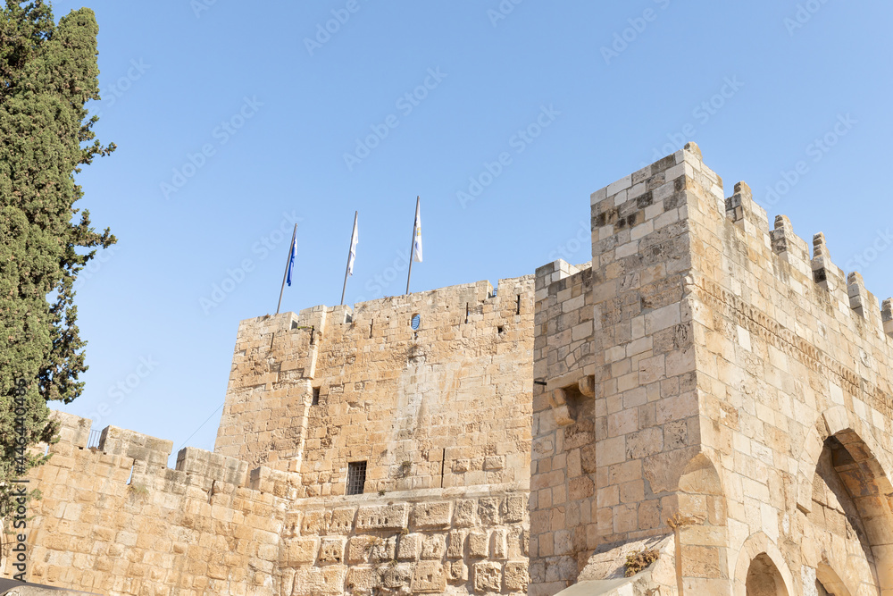 The outer  wall of the Tower of David - ancient citadel and city history museum near the Jaffa Gate in the old city of Jerusalem, Israel