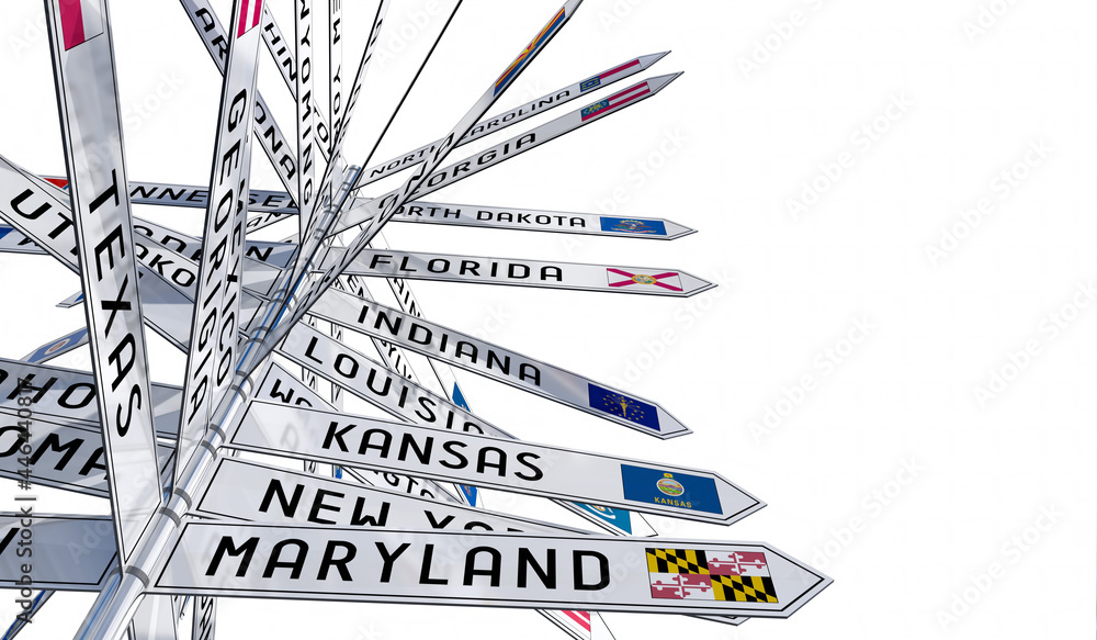 Obraz premium Signpost with different states in the USA, white background - 3D illustration